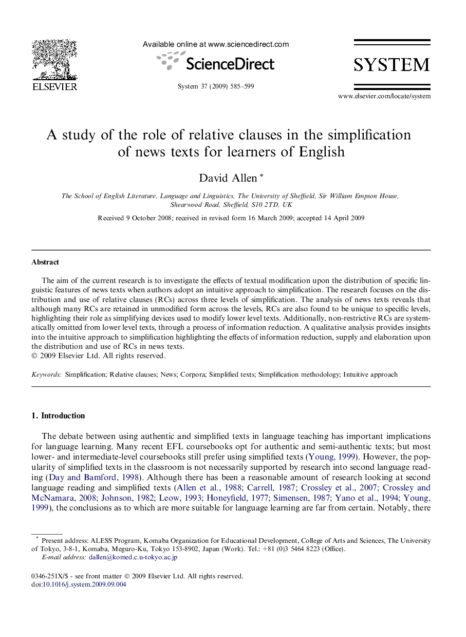 A study of the role of relative clauses in the simplification of news texts for learners of English