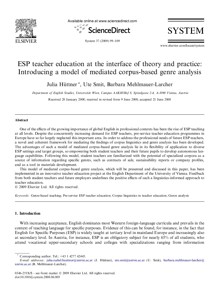 ESP teacher education at the interface of theory and practice: Introducing a model of mediated corpus-based genre analysis