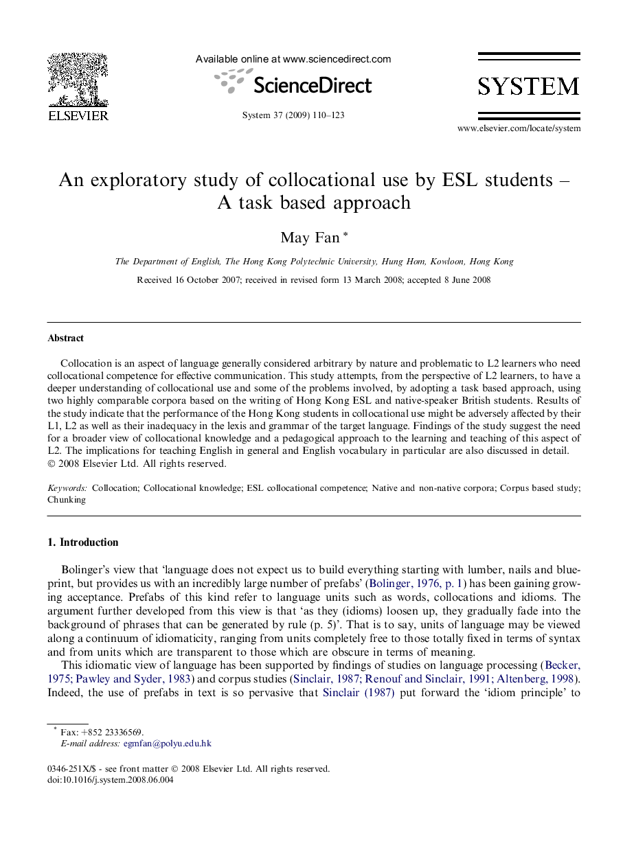 An exploratory study of collocational use by ESL students – A task based approach