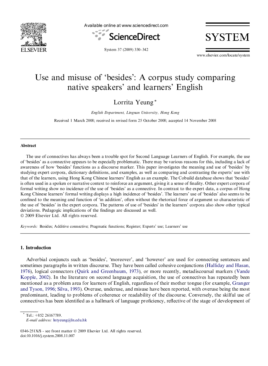 Use and misuse of ‘besides’: A corpus study comparing native speakers’ and learners’ English