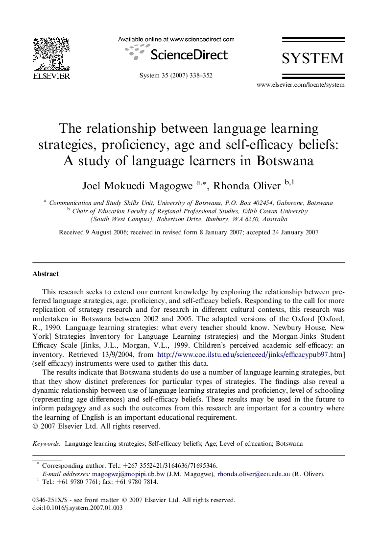 The relationship between language learning strategies, proficiency, age and self-efficacy beliefs: A study of language learners in Botswana