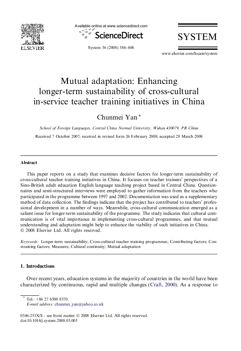 Mutual adaptation: Enhancing longer-term sustainability of cross-cultural in-service teacher training initiatives in China