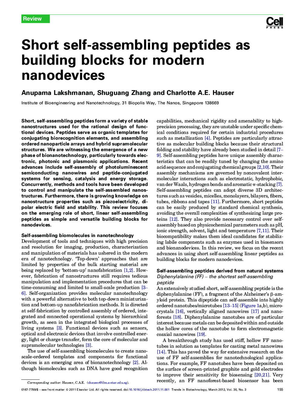 Short self-assembling peptides as building blocks for modern nanodevices