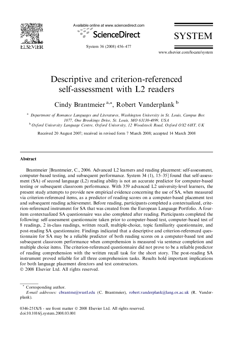 Descriptive and criterion-referenced self-assessment with L2 readers