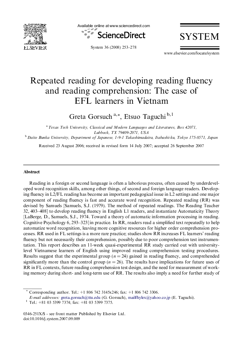 Repeated reading for developing reading fluency and reading comprehension: The case of EFL learners in Vietnam