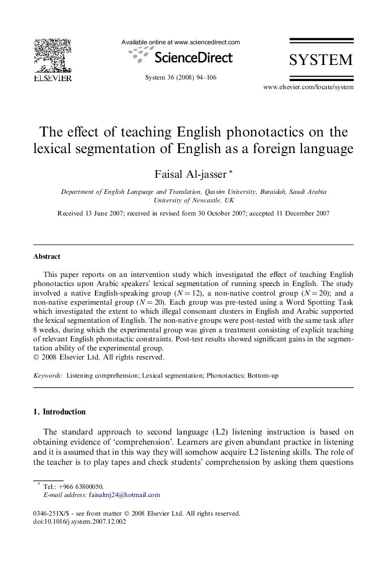 The effect of teaching English phonotactics on the lexical segmentation of English as a foreign language