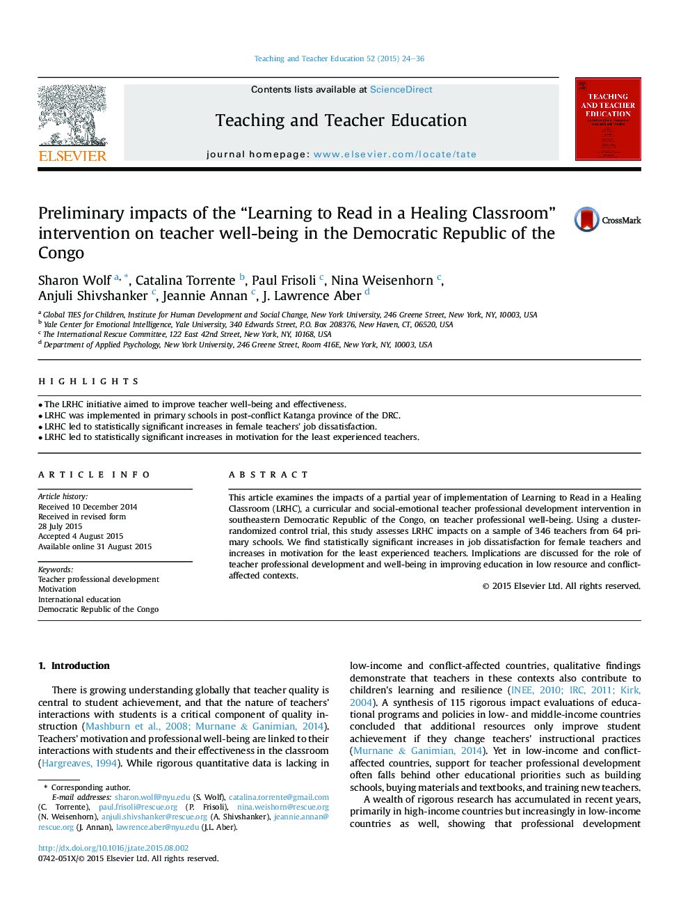 Preliminary impacts of the “Learning to Read in a Healing Classroom” intervention on teacher well-being in the Democratic Republic of the Congo