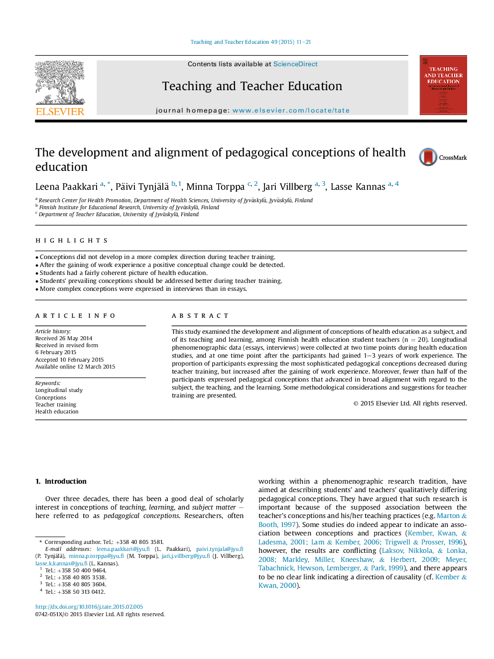 The development and alignment of pedagogical conceptions of health education