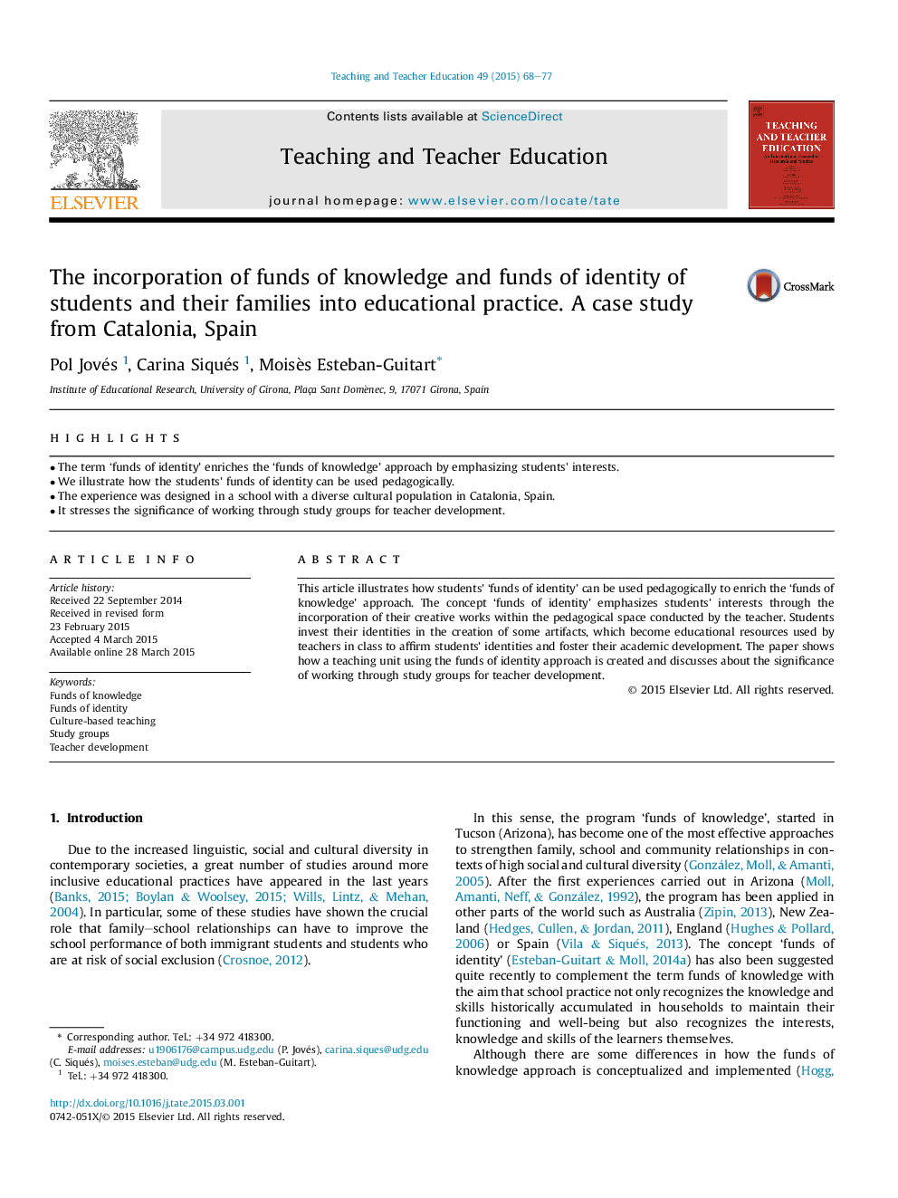 The incorporation of funds of knowledge and funds of identity of students and their families into educational practice. A case study from Catalonia, Spain