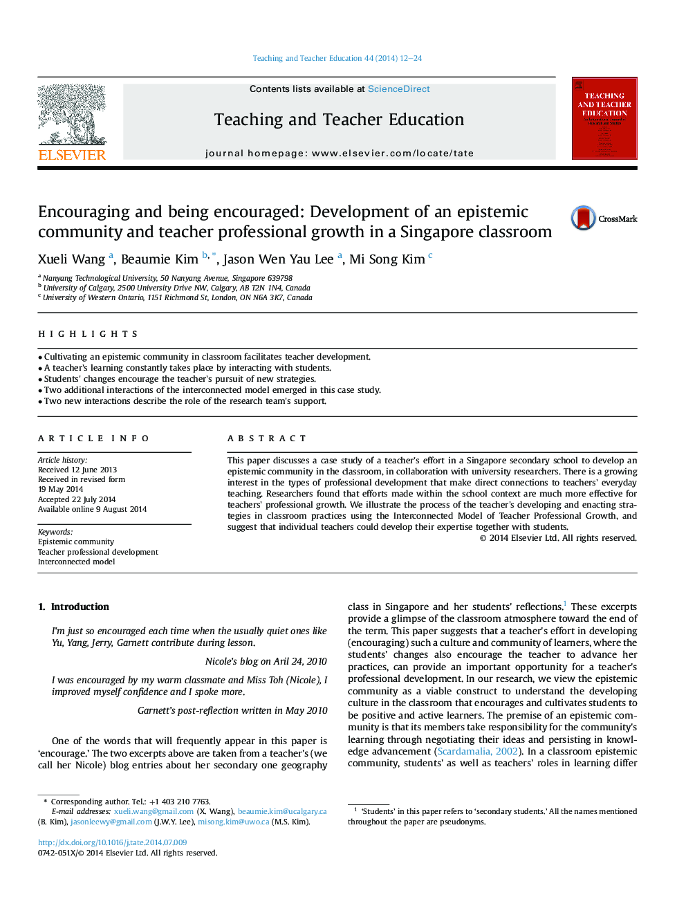 تشویق و تشویق شدن : توسعه یک جامعه معرفتی و رشد حرفه ای معلم در کلاس درس در سنگاپور
