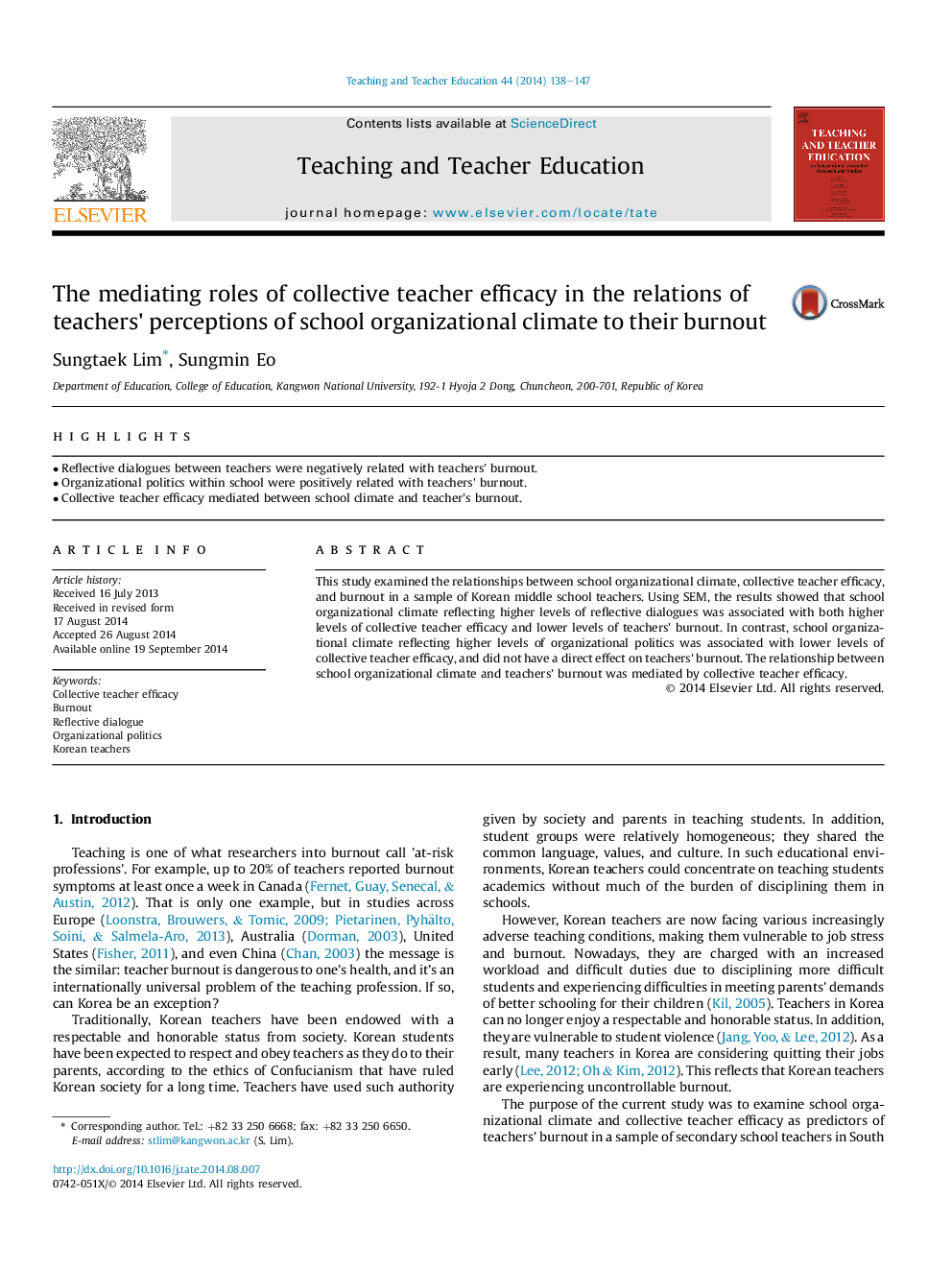 The mediating roles of collective teacher efficacy in the relations of teachers' perceptions of school organizational climate to their burnout