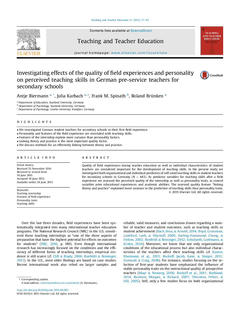 Investigating effects of the quality of field experiences and personality on perceived teaching skills in German pre-service teachers for secondary schools