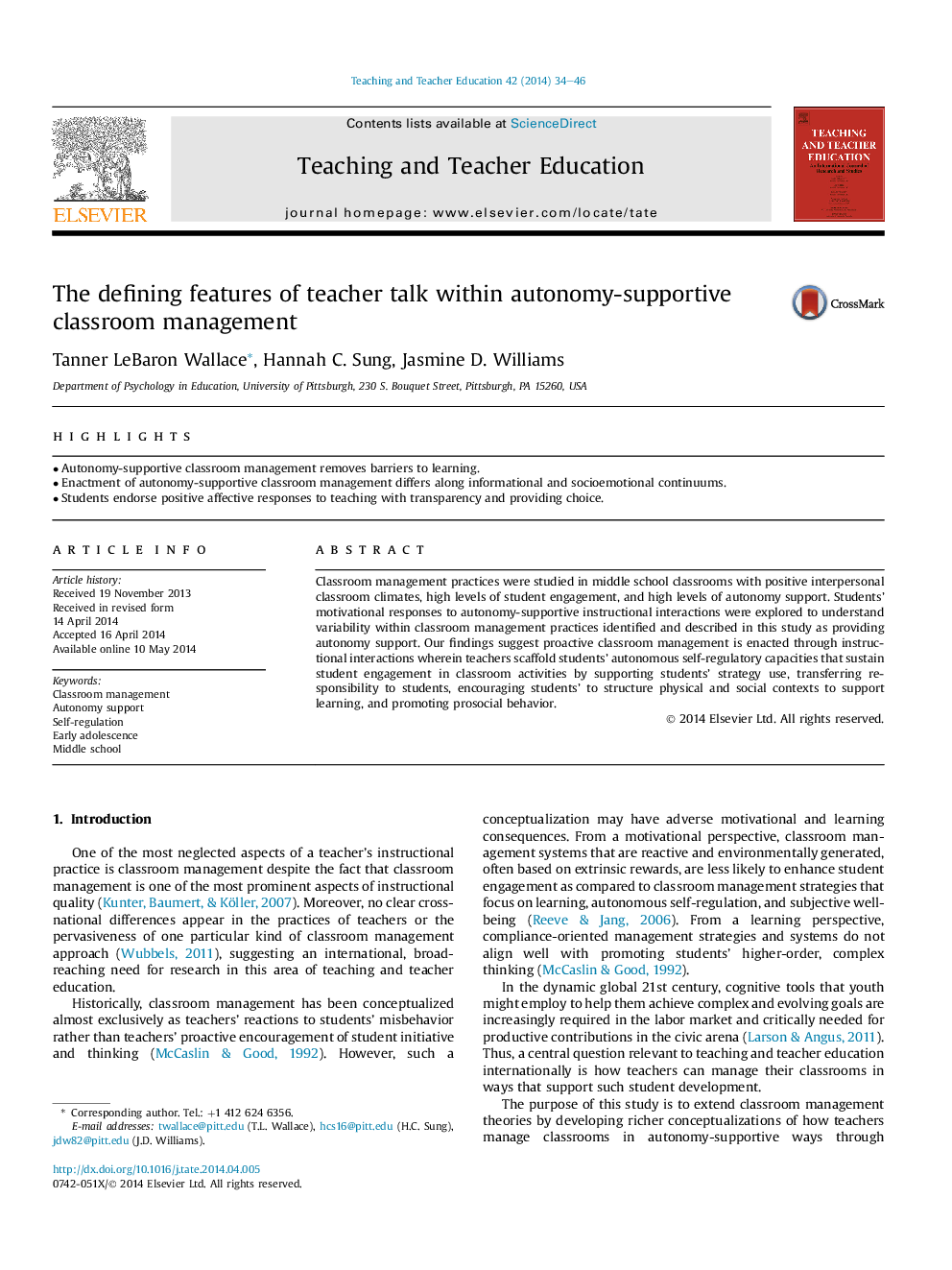 The defining features of teacher talk within autonomy-supportive classroom management