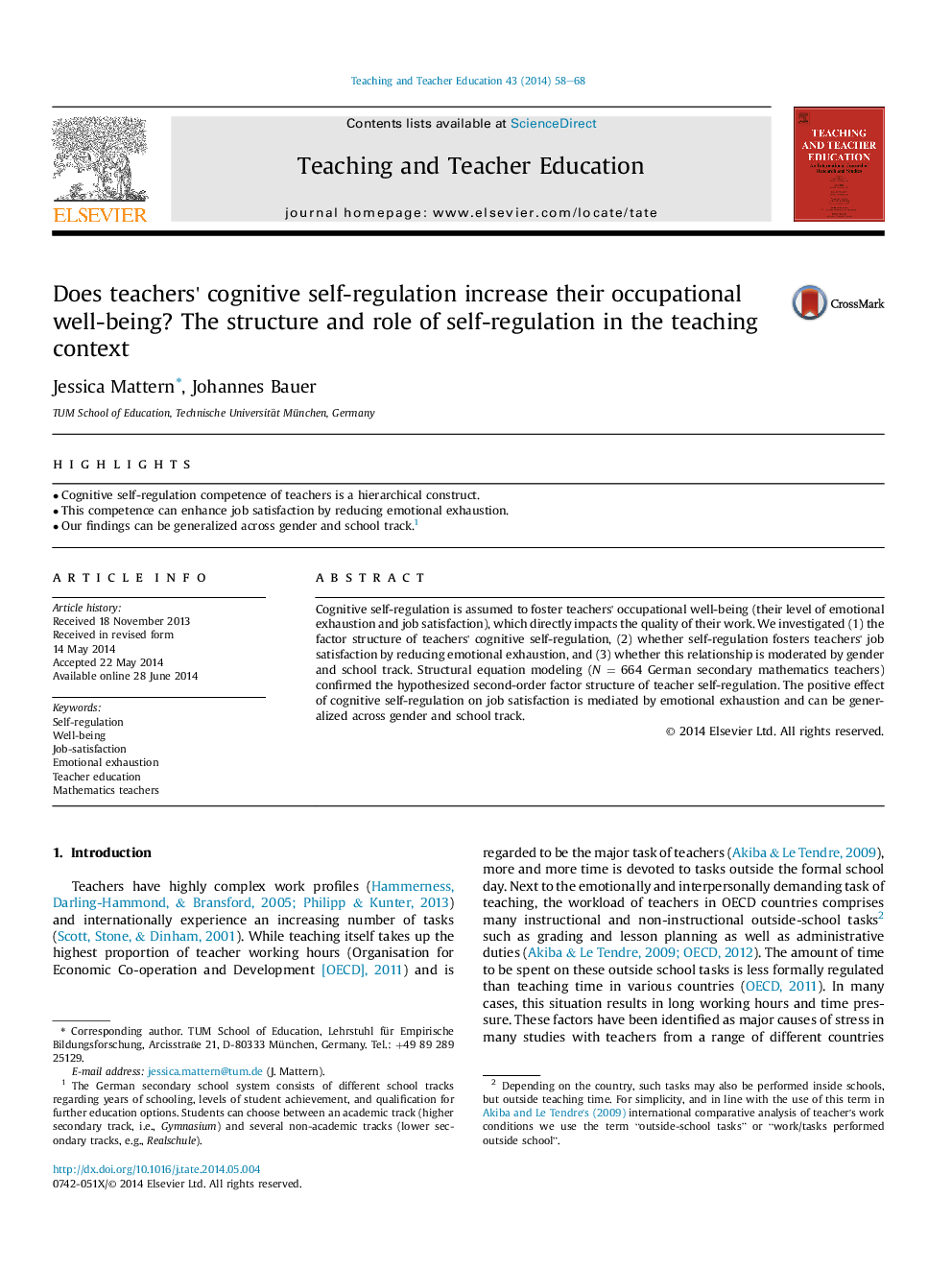 Does teachers' cognitive self-regulation increase their occupational well-being? The structure and role of self-regulation in the teaching context