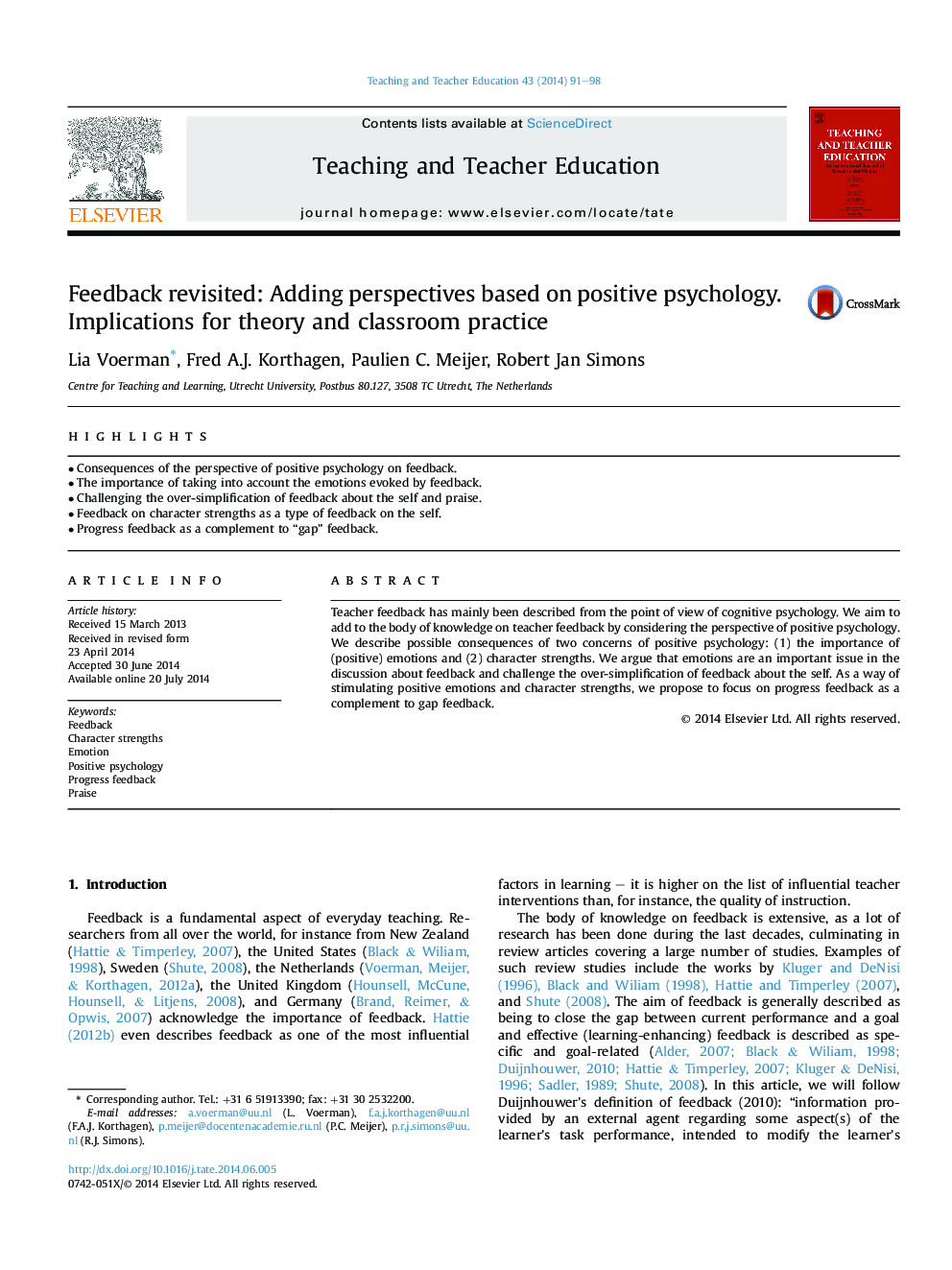 Feedback revisited: Adding perspectives based on positive psychology. Implications for theory and classroom practice