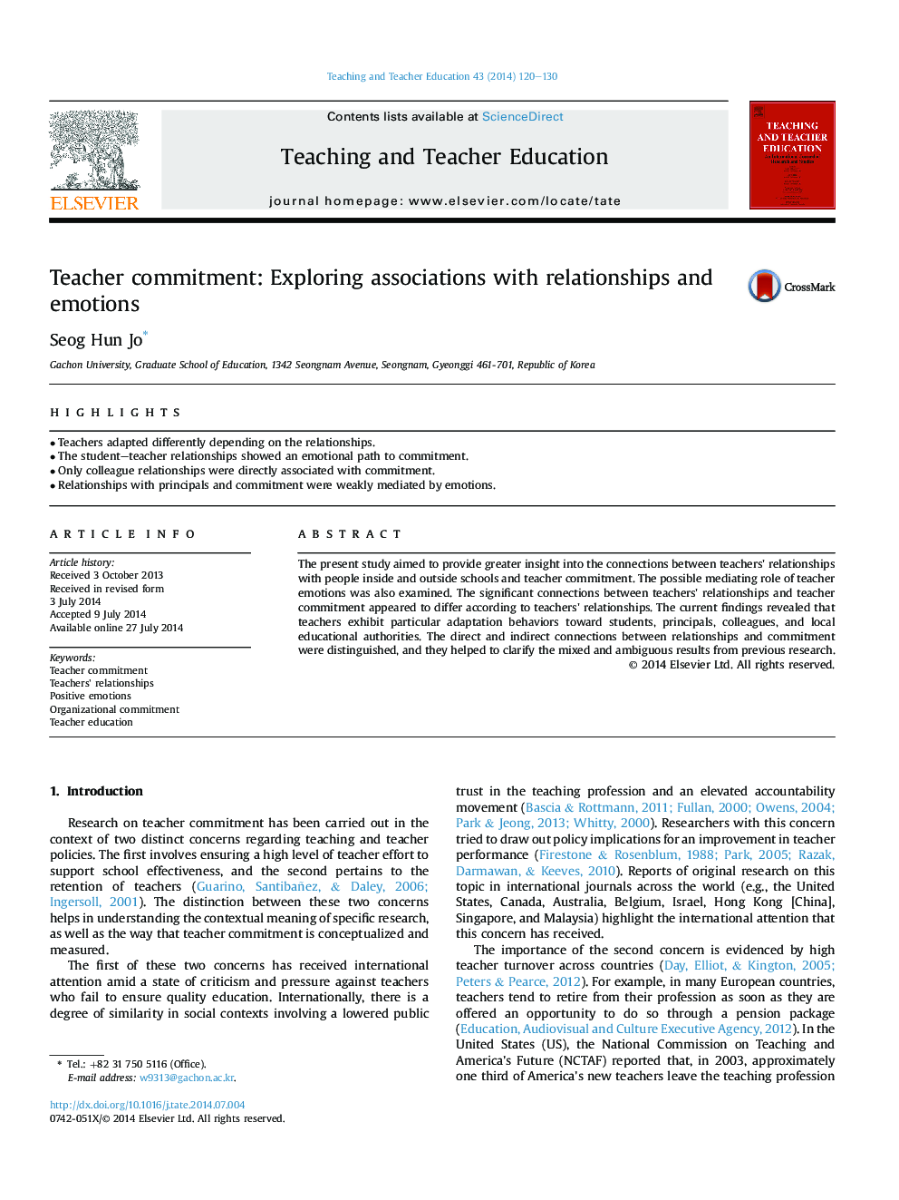 Teacher commitment: Exploring associations with relationships and emotions