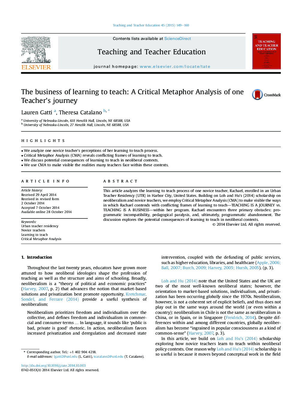 The business of learning to teach: A Critical Metaphor Analysis of one Teacher's journey