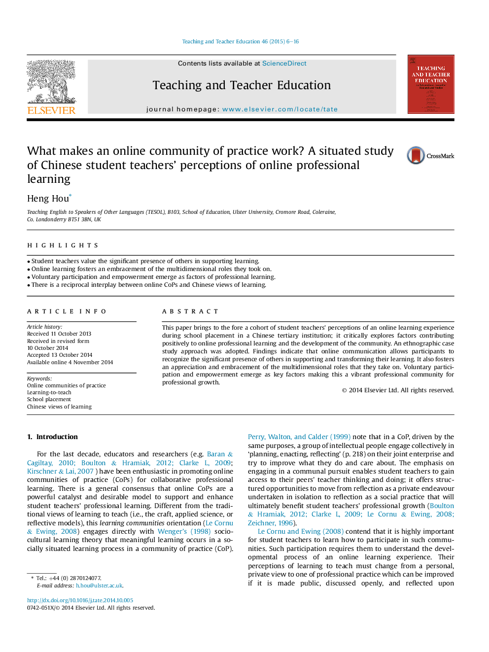 What makes an online community of practice work? A situated study of Chinese student teachers’ perceptions of online professional learning