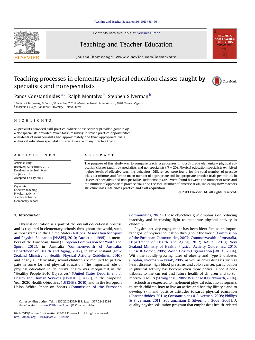 Teaching processes in elementary physical education classes taught by specialists and nonspecialists