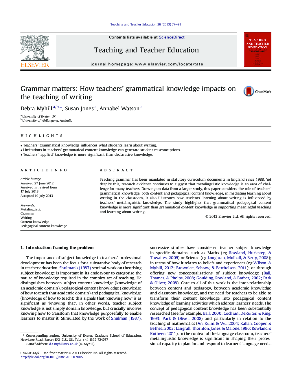 Grammar matters: How teachers' grammatical knowledge impacts on the teaching of writing