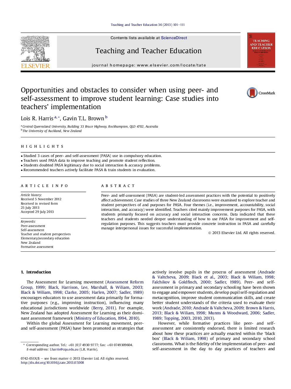 Opportunities and obstacles to consider when using peer- and self-assessment to improve student learning: Case studies into teachers' implementation