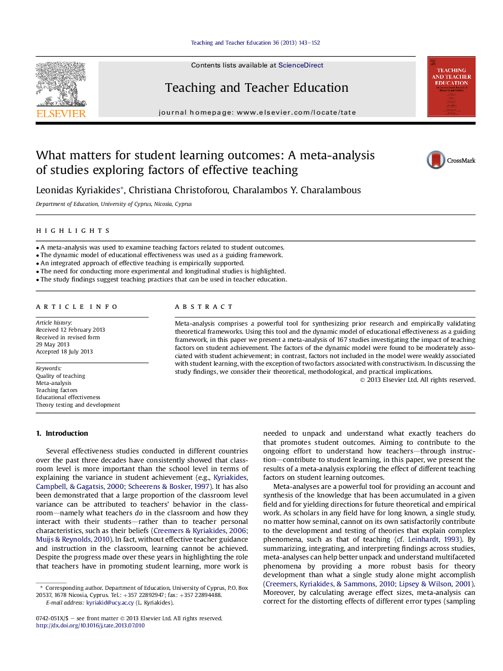 What matters for student learning outcomes: A meta-analysis of studies exploring factors of effective teaching