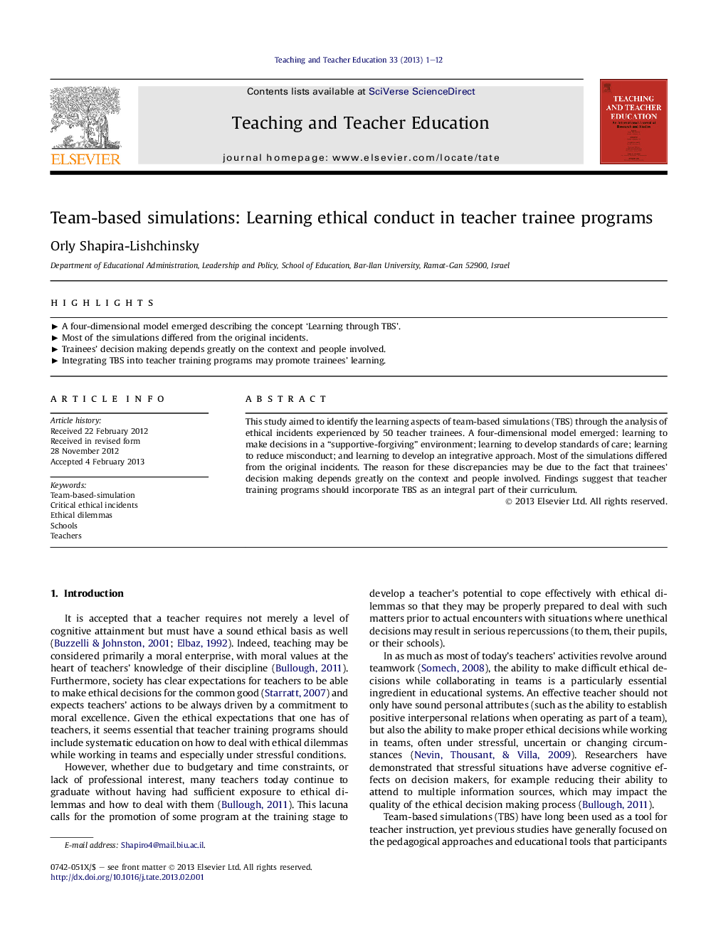 Team-based simulations: Learning ethical conduct in teacher trainee programs