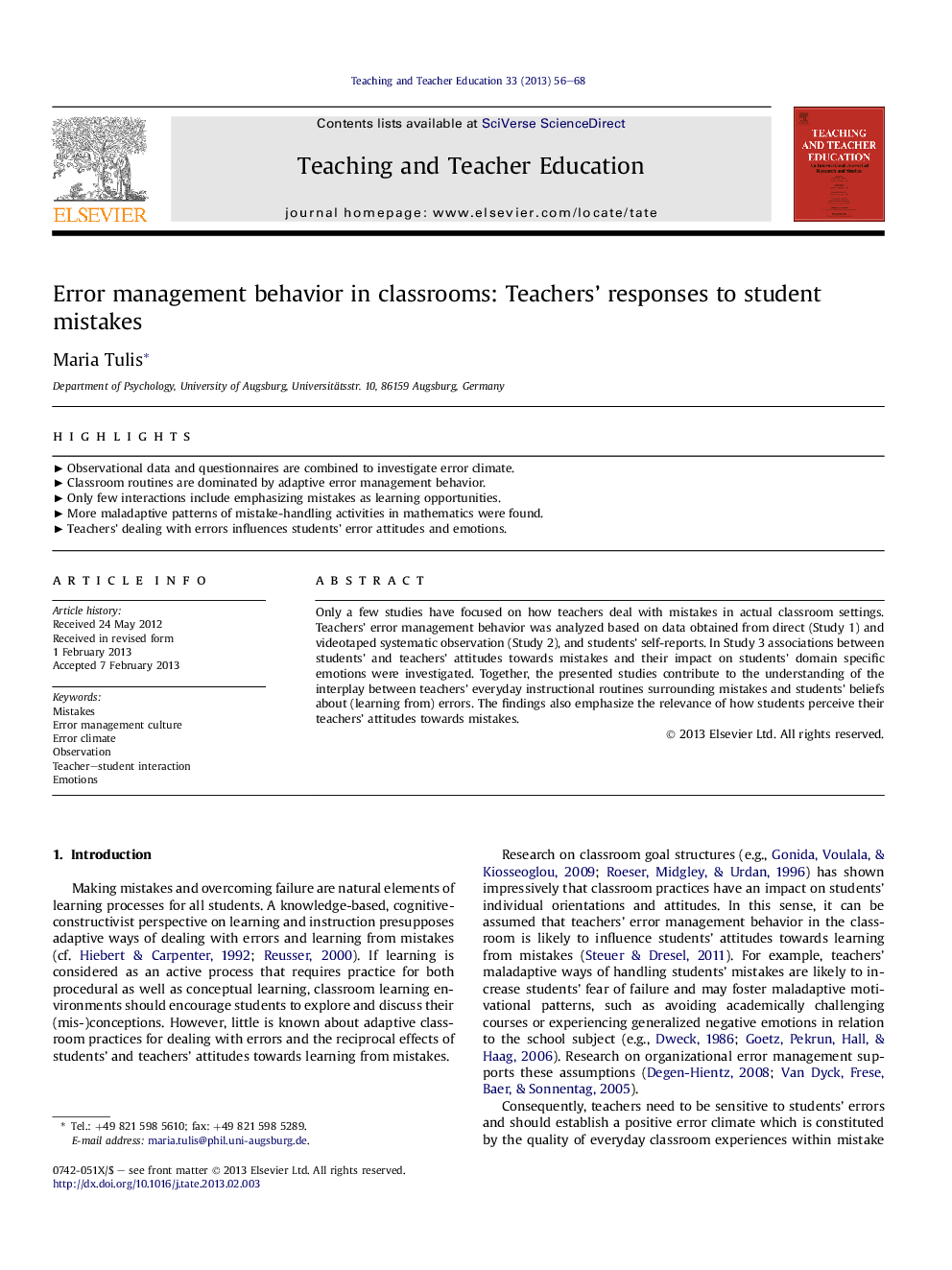 Error management behavior in classrooms: Teachers' responses to student mistakes