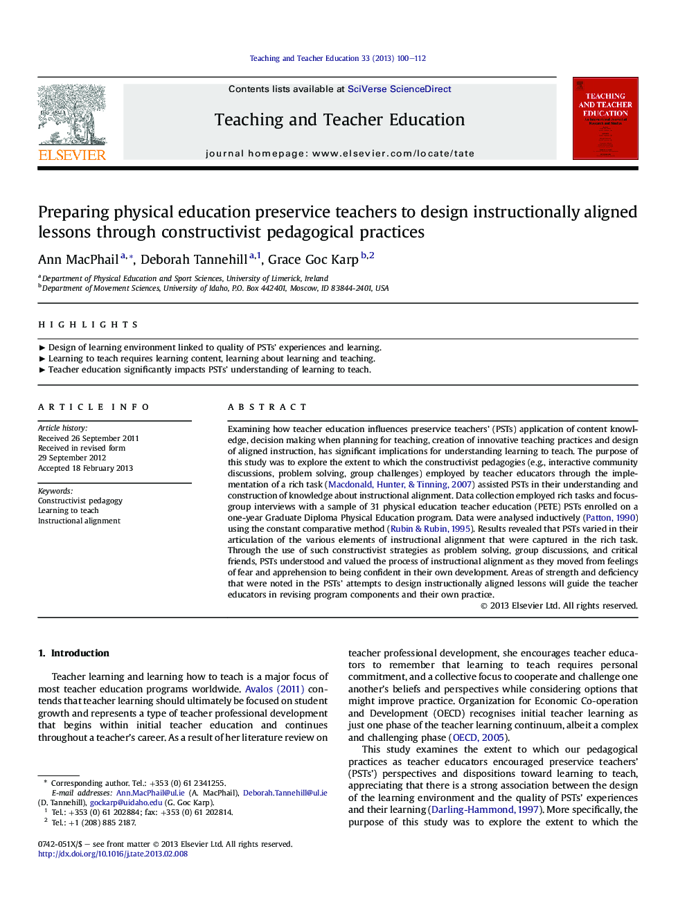 Preparing physical education preservice teachers to design instructionally aligned lessons through constructivist pedagogical practices