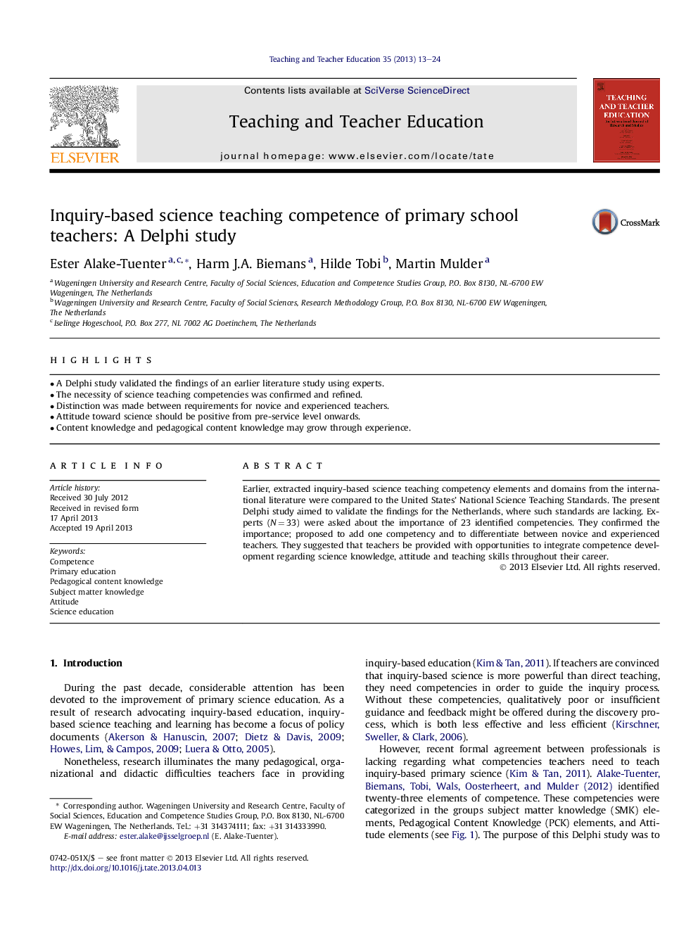 Inquiry-based science teaching competence of primary school teachers: A Delphi study