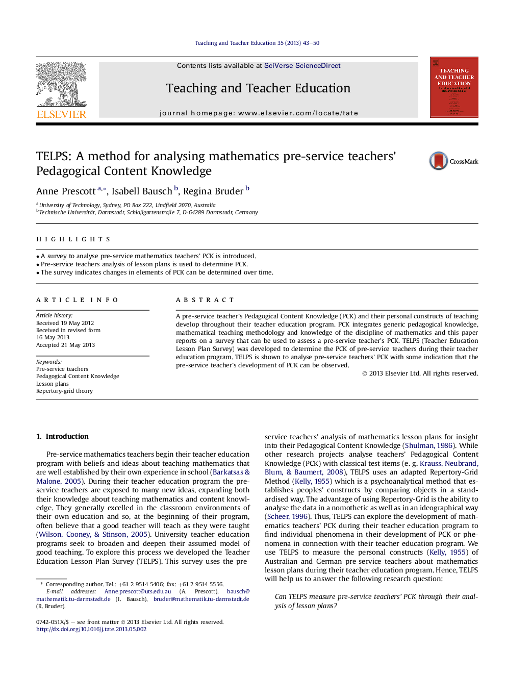 TELPS: A method for analysing mathematics pre-service teachers' Pedagogical Content Knowledge