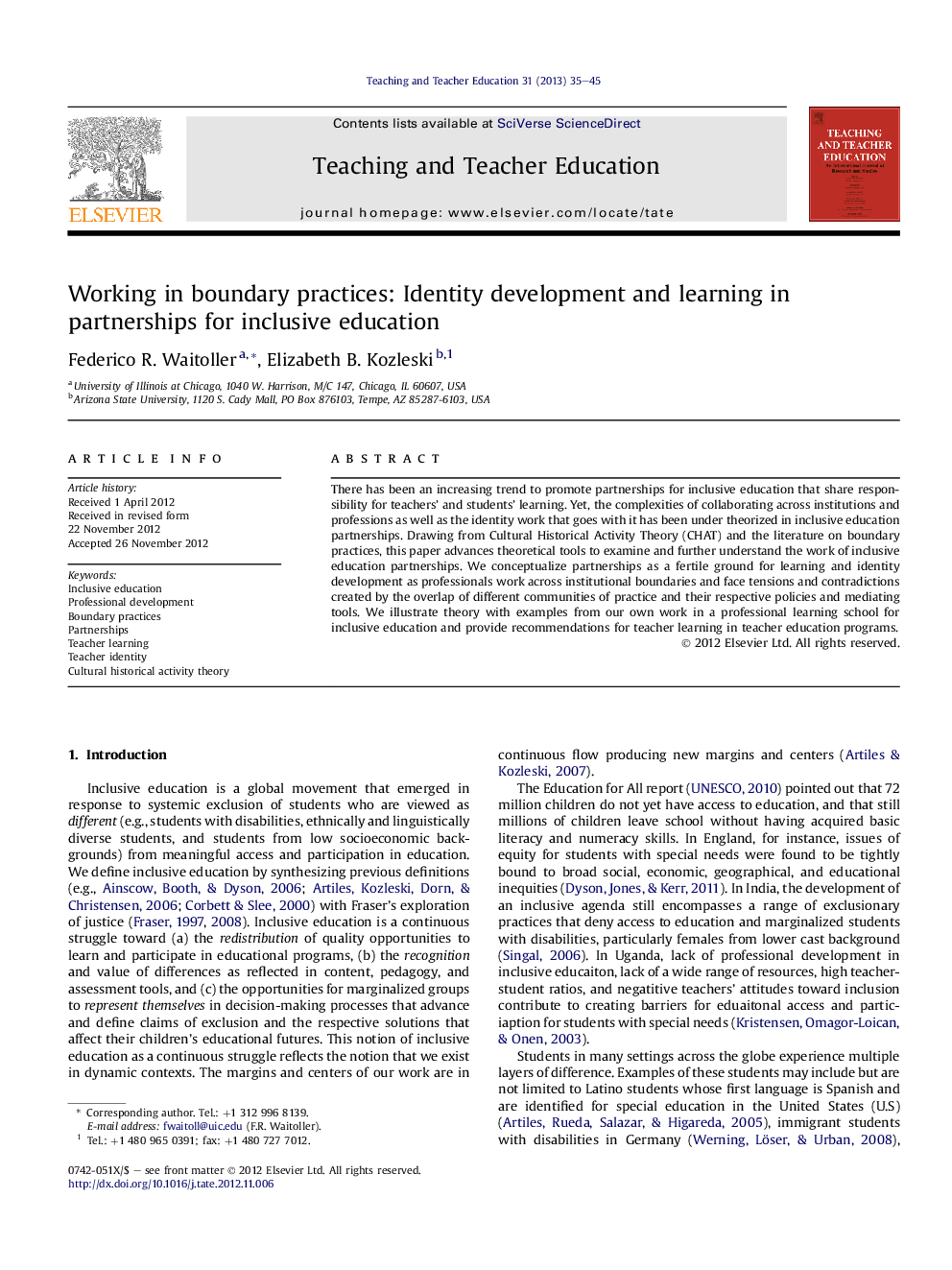 Working in boundary practices: Identity development and learning in partnerships for inclusive education