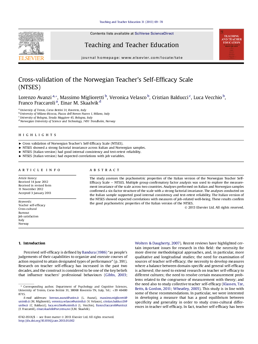 Cross-validation of the Norwegian Teacher's Self-Efficacy Scale (NTSES)