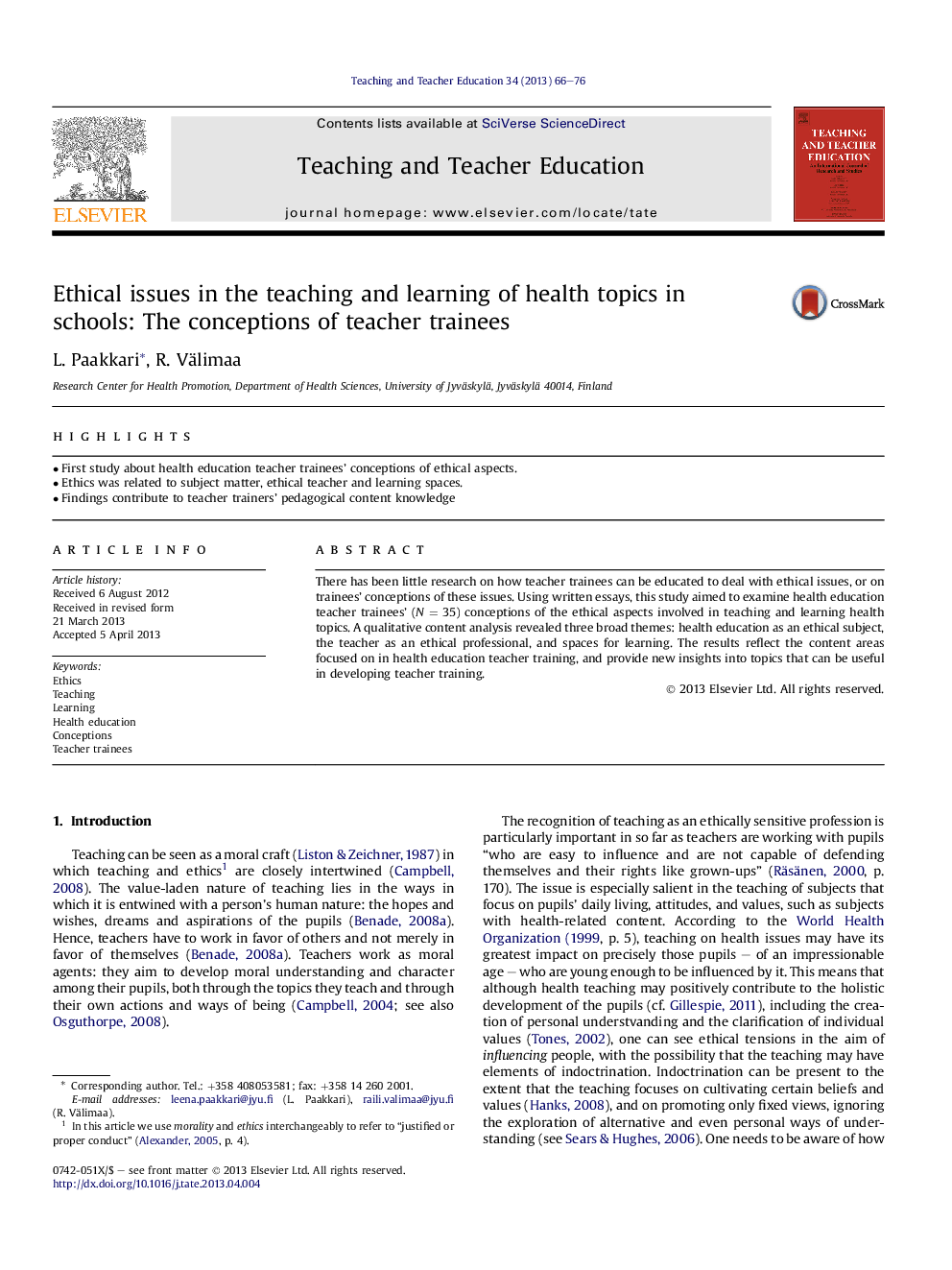 Ethical issues in the teaching and learning of health topics in schools: The conceptions of teacher trainees