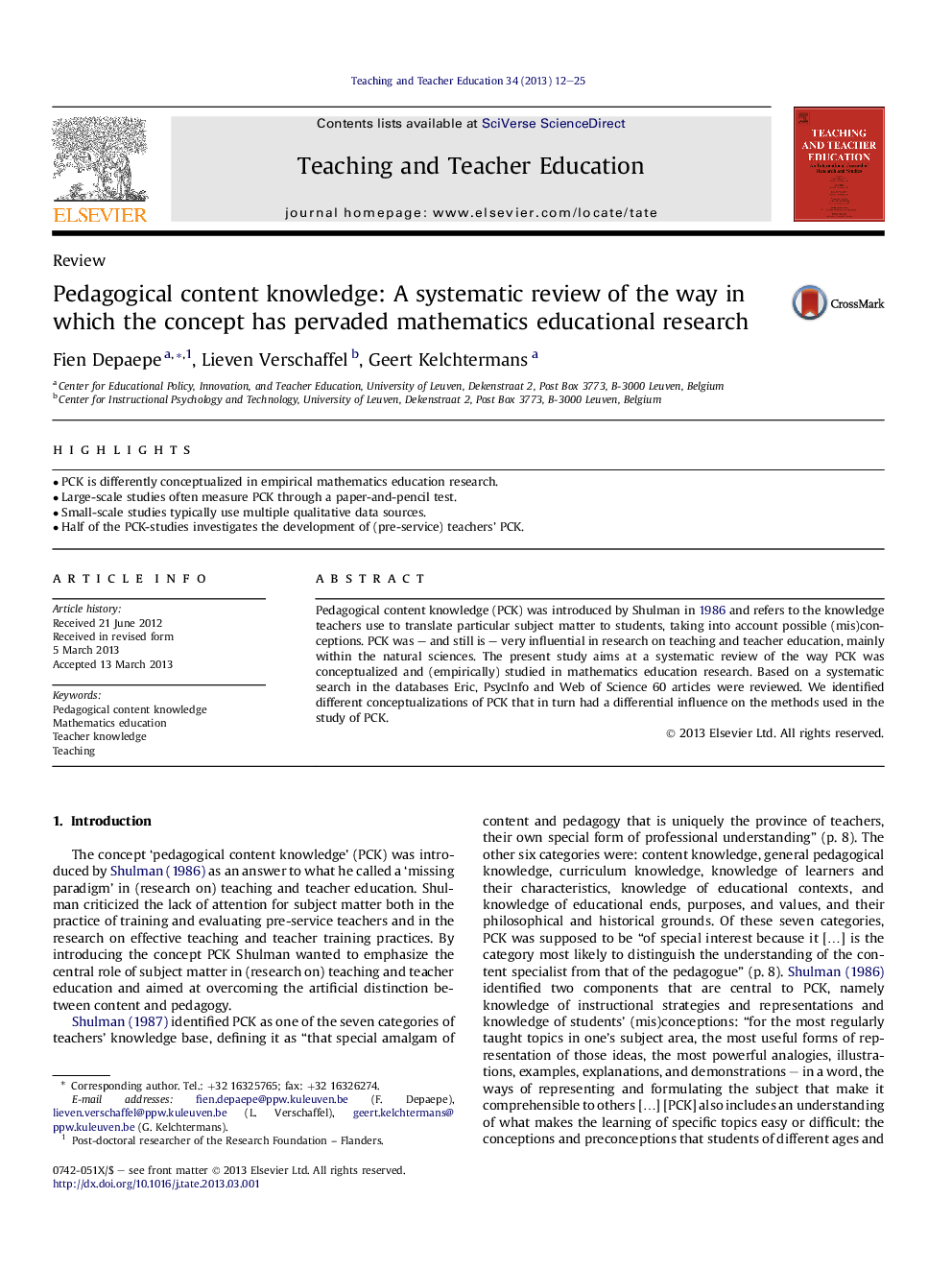 Pedagogical content knowledge: A systematic review of the way in which the concept has pervaded mathematics educational research