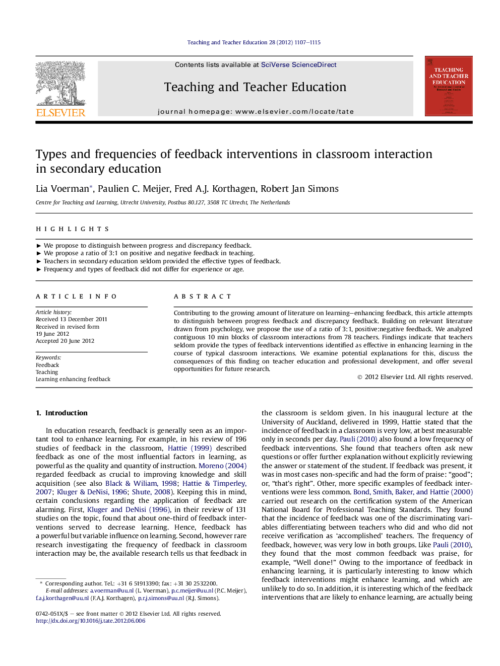 عکس صفحه اول مقاله: Types and frequencies of feedback interventions in classroom interaction in secondary education Types and frequencies of feedback interventions in classroom interaction in secondary education