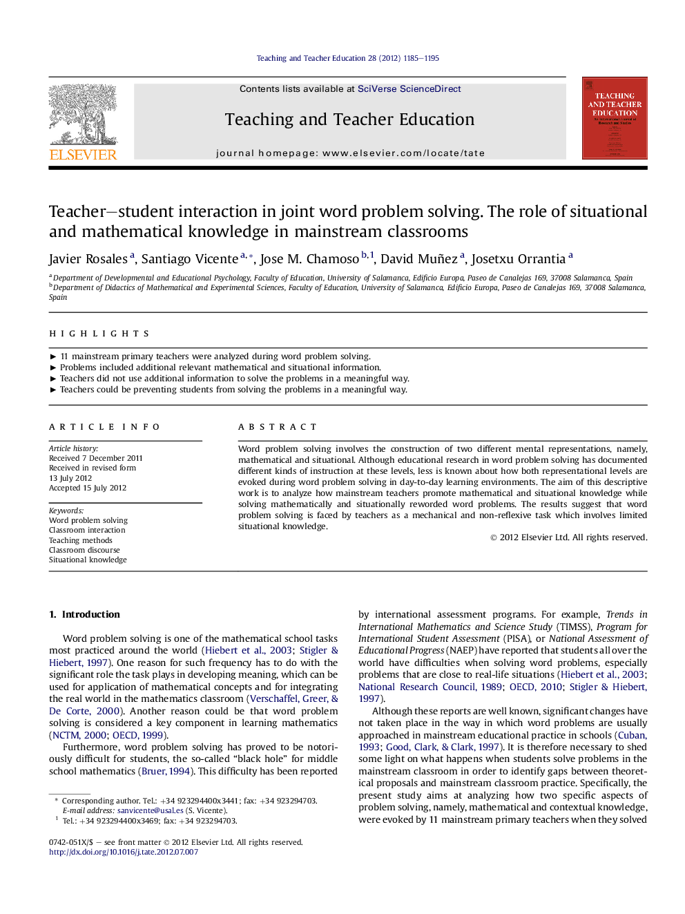 Teacher–student interaction in joint word problem solving. The role of situational and mathematical knowledge in mainstream classrooms