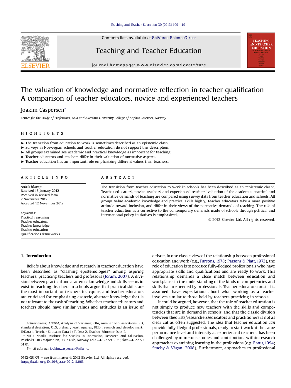 عکس صفحه اول مقاله: The valuation of knowledge and normative reflection in teacher qualification: A comparison of teacher educators, novice and experienced teachers The valuation of knowledge and normative reflection in teacher qualification: A comparison of teacher educators, novice and experienced teachers