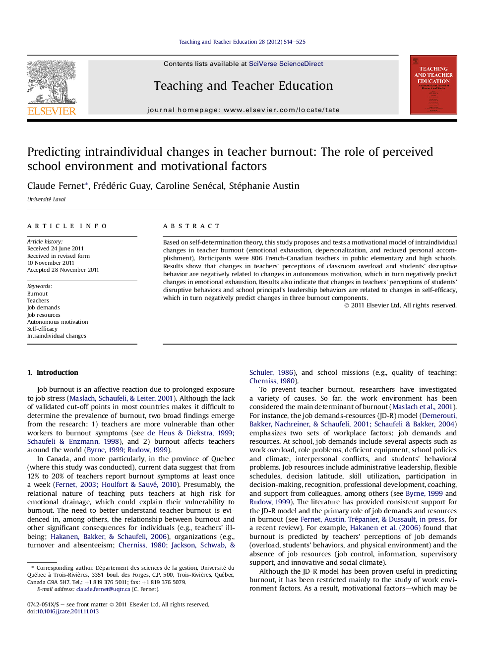 Predicting intraindividual changes in teacher burnout: The role of perceived school environment and motivational factors