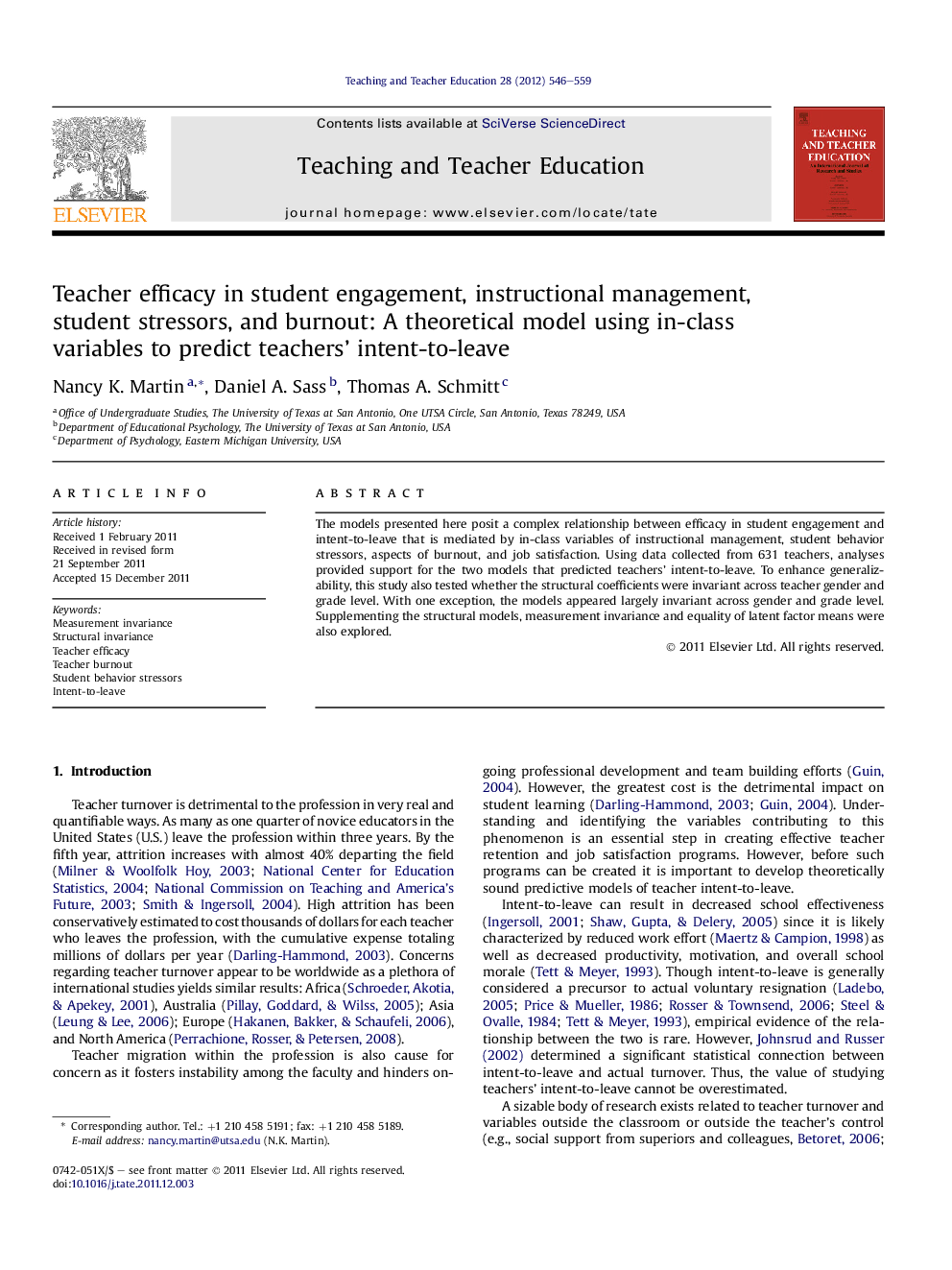 Teacher efficacy in student engagement, instructional management, student stressors, and burnout: A theoretical model using in-class variables to predict teachers' intent-to-leave