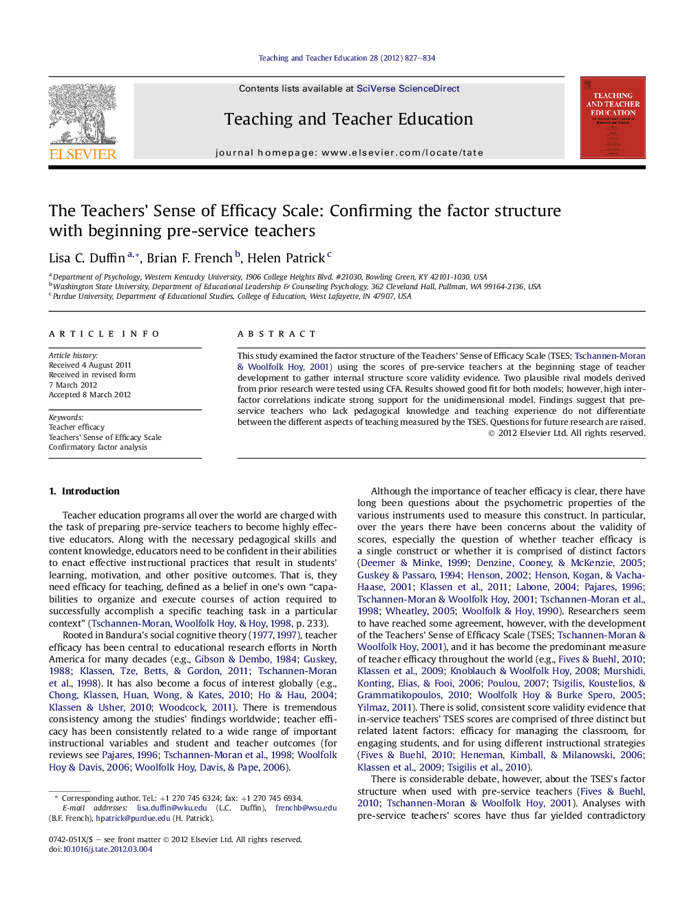 The Teachers' Sense of Efficacy Scale: Confirming the factor structure with beginning pre-service teachers