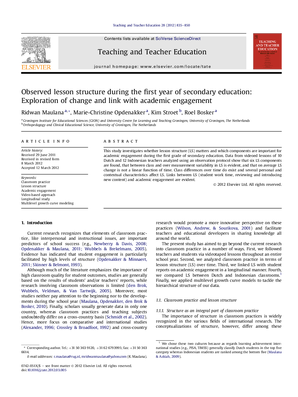 Observed lesson structure during the first year of secondary education: Exploration of change and link with academic engagement