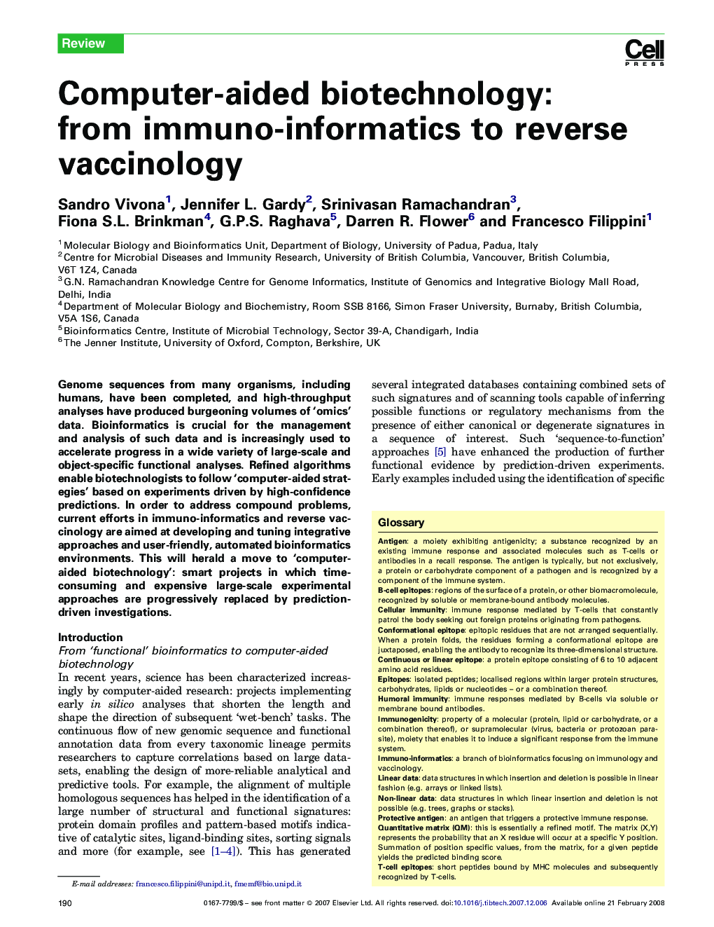 عکس صفحه اول مقاله: Computer-aided biotechnology: from immuno-informatics to reverse vaccinology Computer-aided biotechnology: from immuno-informatics to reverse vaccinology