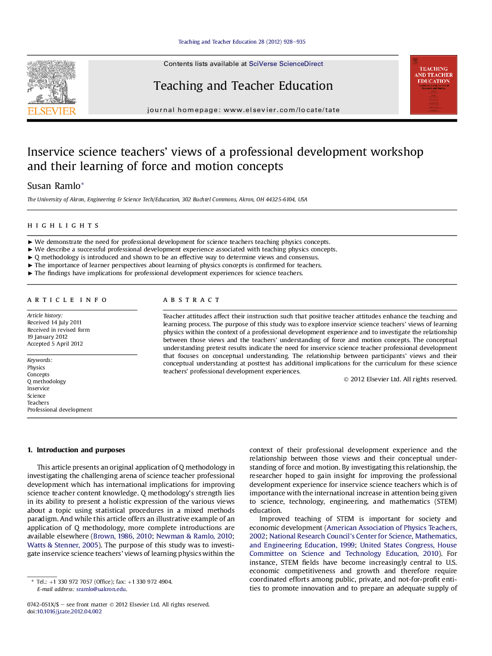 عکس صفحه اول مقاله: Inservice science teachers' views of a professional development workshop and their learning of force and motion concepts Inservice science teachers' views of a professional development workshop and their learning of force and motion concepts