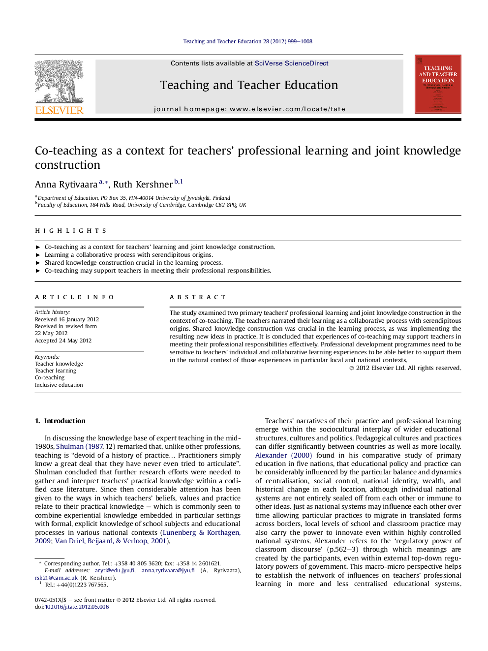 Co-teaching as a context for teachers' professional learning and joint knowledge construction