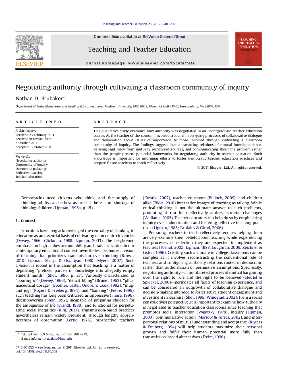 Negotiating authority through cultivating a classroom community of inquiry