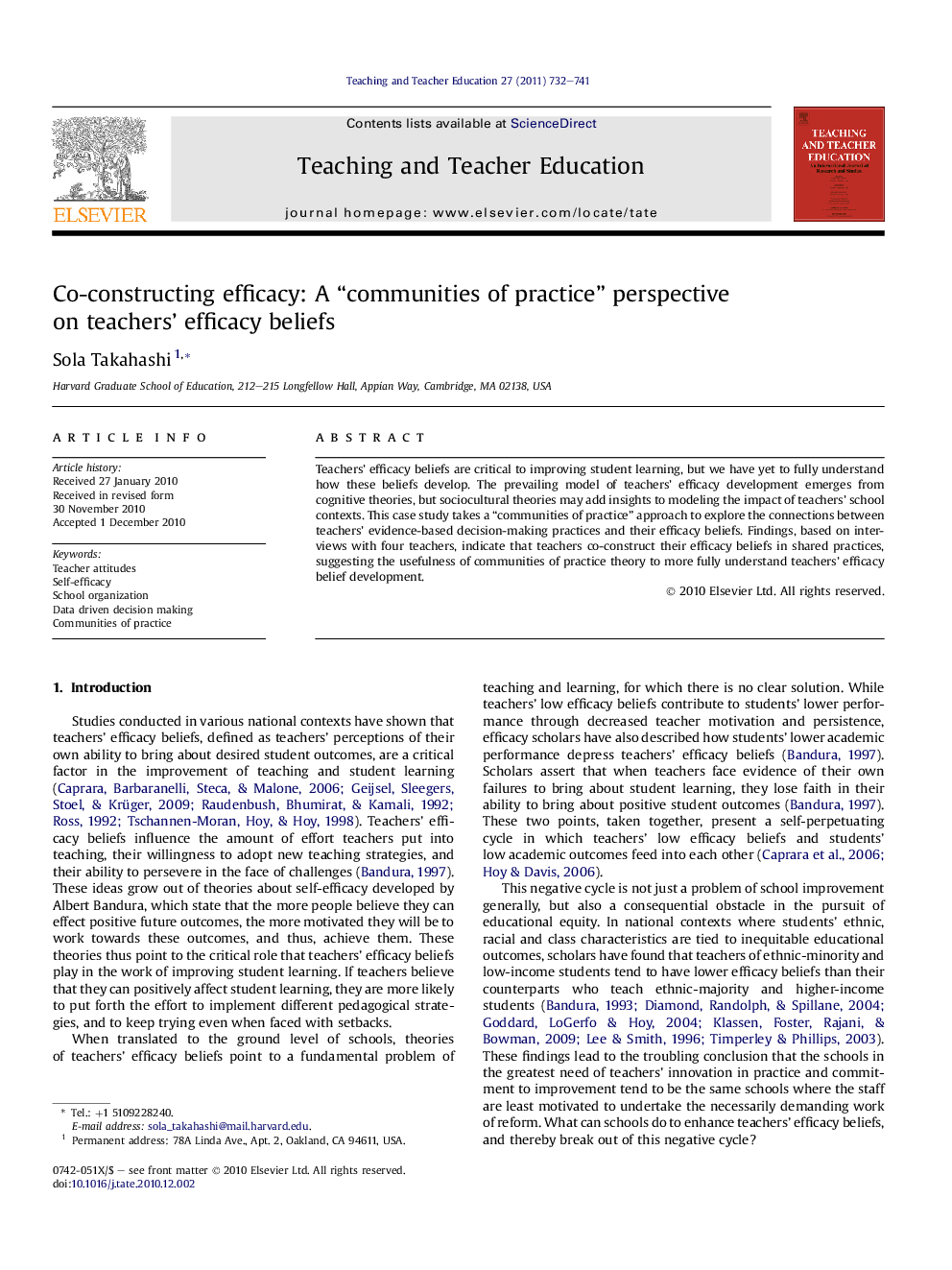 عکس صفحه اول مقاله: Co-constructing efficacy: A “communities of practice” perspective on teachers’ efficacy beliefs Co-constructing efficacy: A “communities of practice” perspective on teachers’ efficacy beliefs