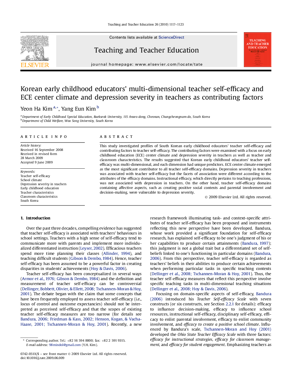 Korean early childhood educators' multi-dimensional teacher self-efficacy and ECE center climate and depression severity in teachers as contributing factors