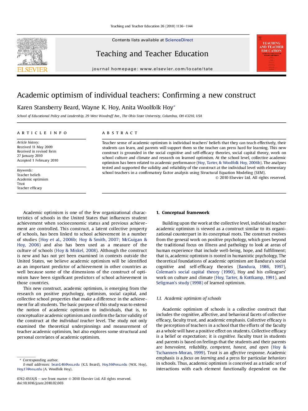 Academic optimism of individual teachers: Confirming a new construct