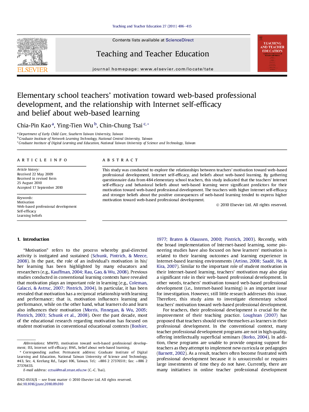 عکس صفحه اول مقاله: Elementary school teachers’ motivation toward web-based professional development, and the relationship with Internet self-efficacy and belief about web-based learning Elementary school teachers’ motivation toward web-based professional development, and the relationship with Internet self-efficacy and belief about web-based learning